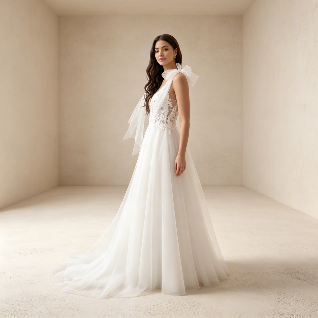 Elegantes Abendkleid Weiß mit Spitze | Maxikleid mit Tüllschleifen