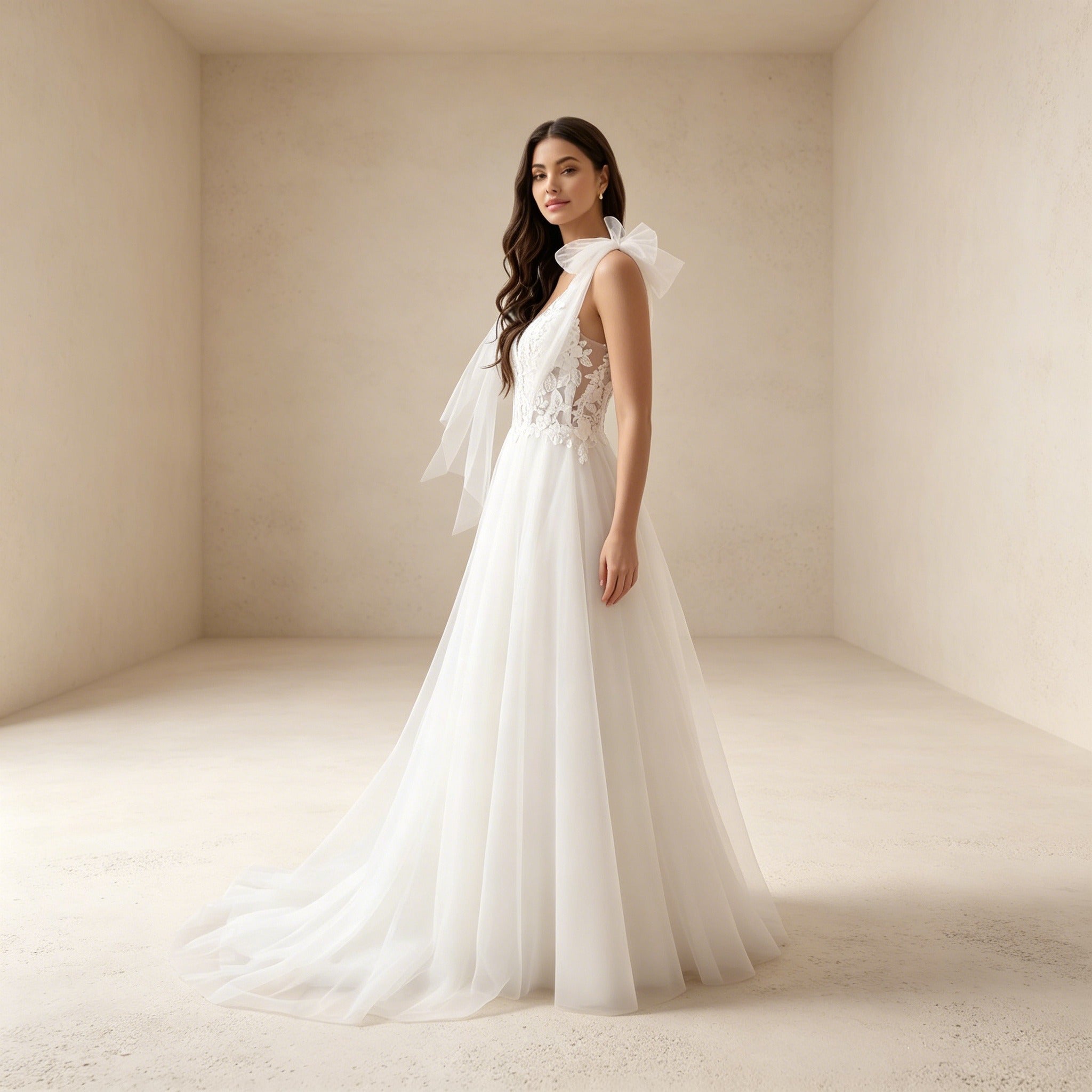 Elegantes Abendkleid Weiß mit Spitze | Maxikleid mit Tüllschleifen
