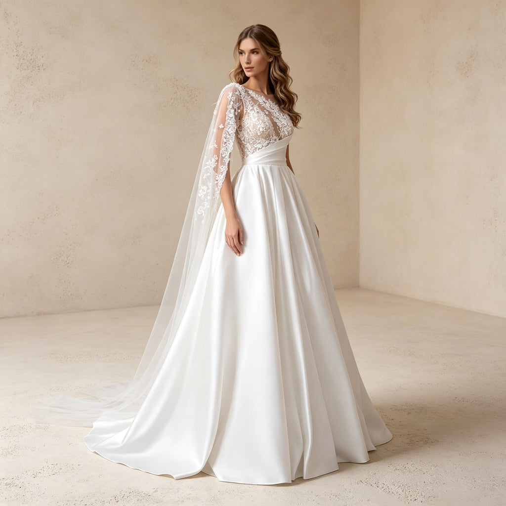 Romantisches A-Linien Gala-Kleid aus Satin mit Stickerei und Schleppe