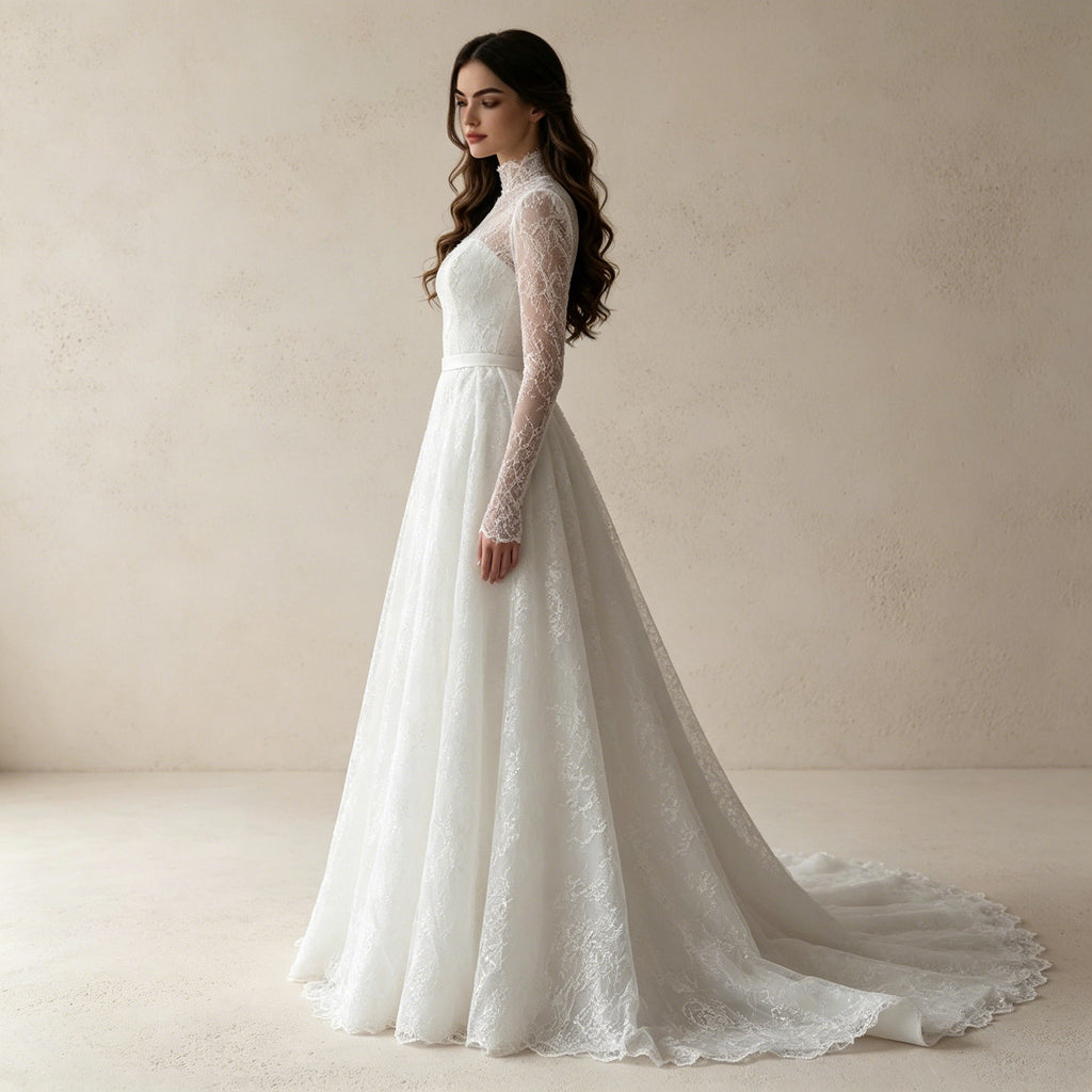 Elegantes Abendkleid mit Spitze, Stehkragen und Langen Ärmeln in A-Linie