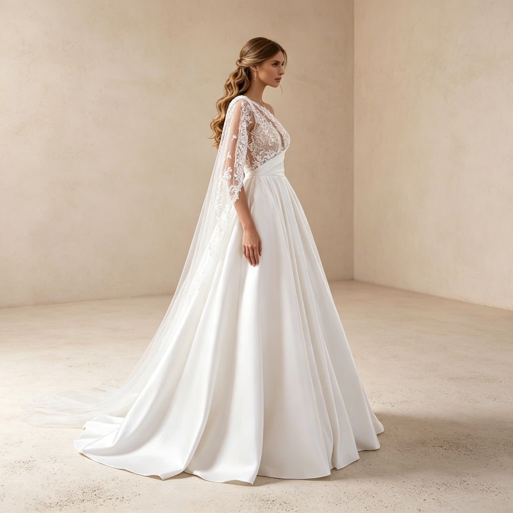 Romantisches A-Linien Gala-Kleid aus Satin mit Stickerei und Schleppe
