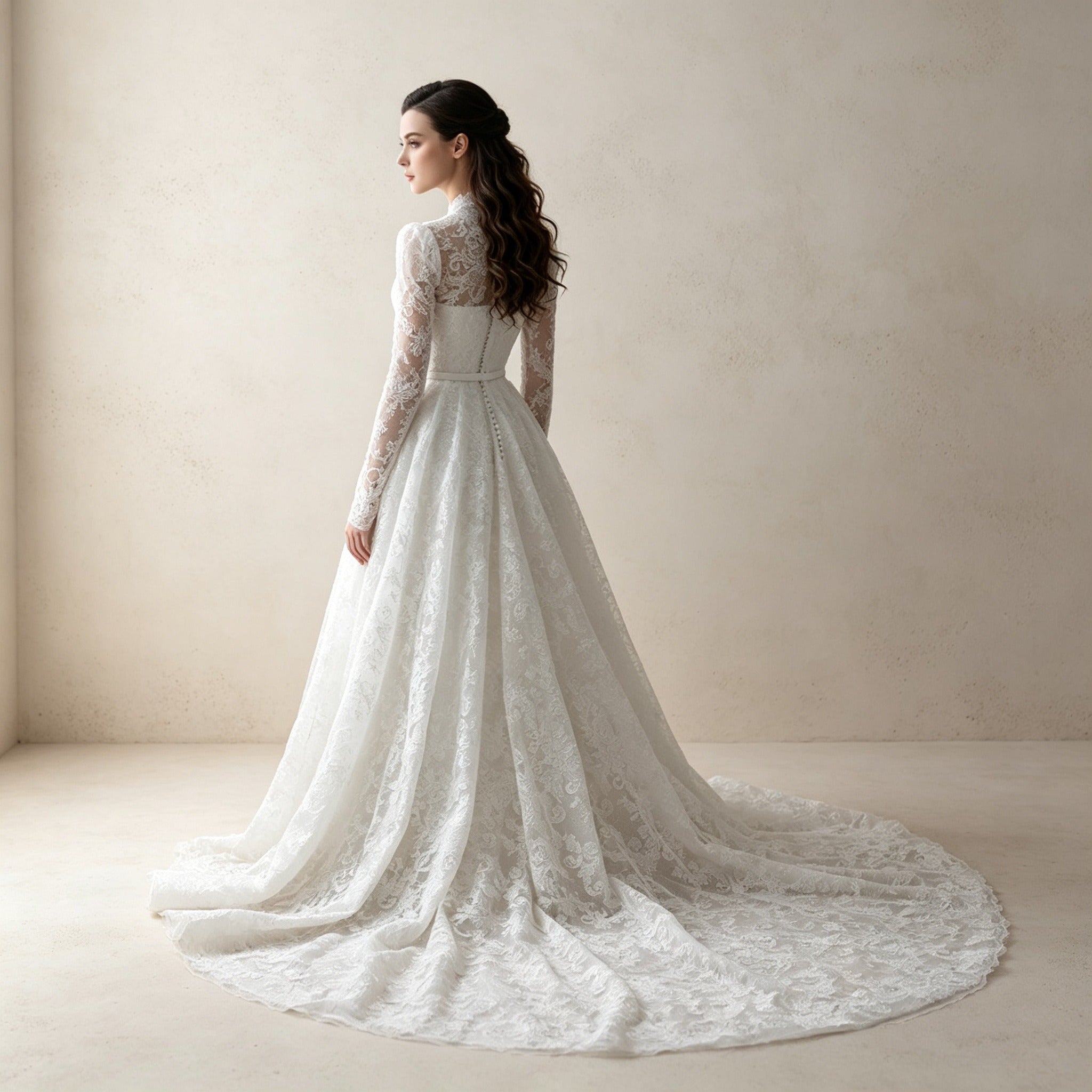 Elegantes Abendkleid mit Allover-Spitze, V-Ausschnitt und Langer Schleppe
