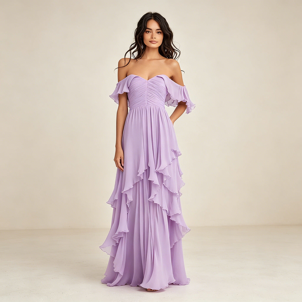 Lavendelfarbenes Off-Shoulder Abendkleid mit Volants – Elegante Chiffon-Robe