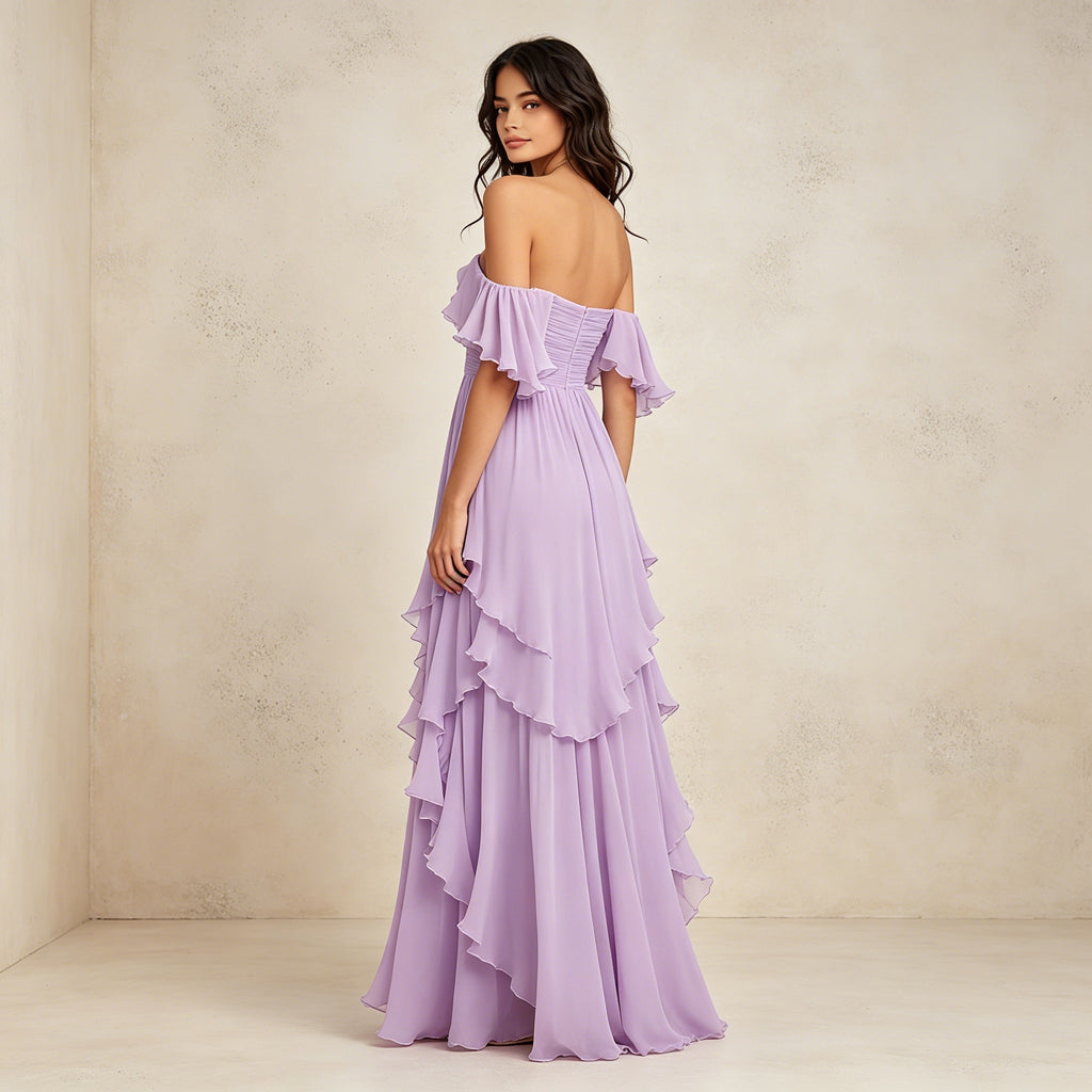 Lavendelfarbenes Off-Shoulder Abendkleid mit Volants – Elegante Chiffon-Robe