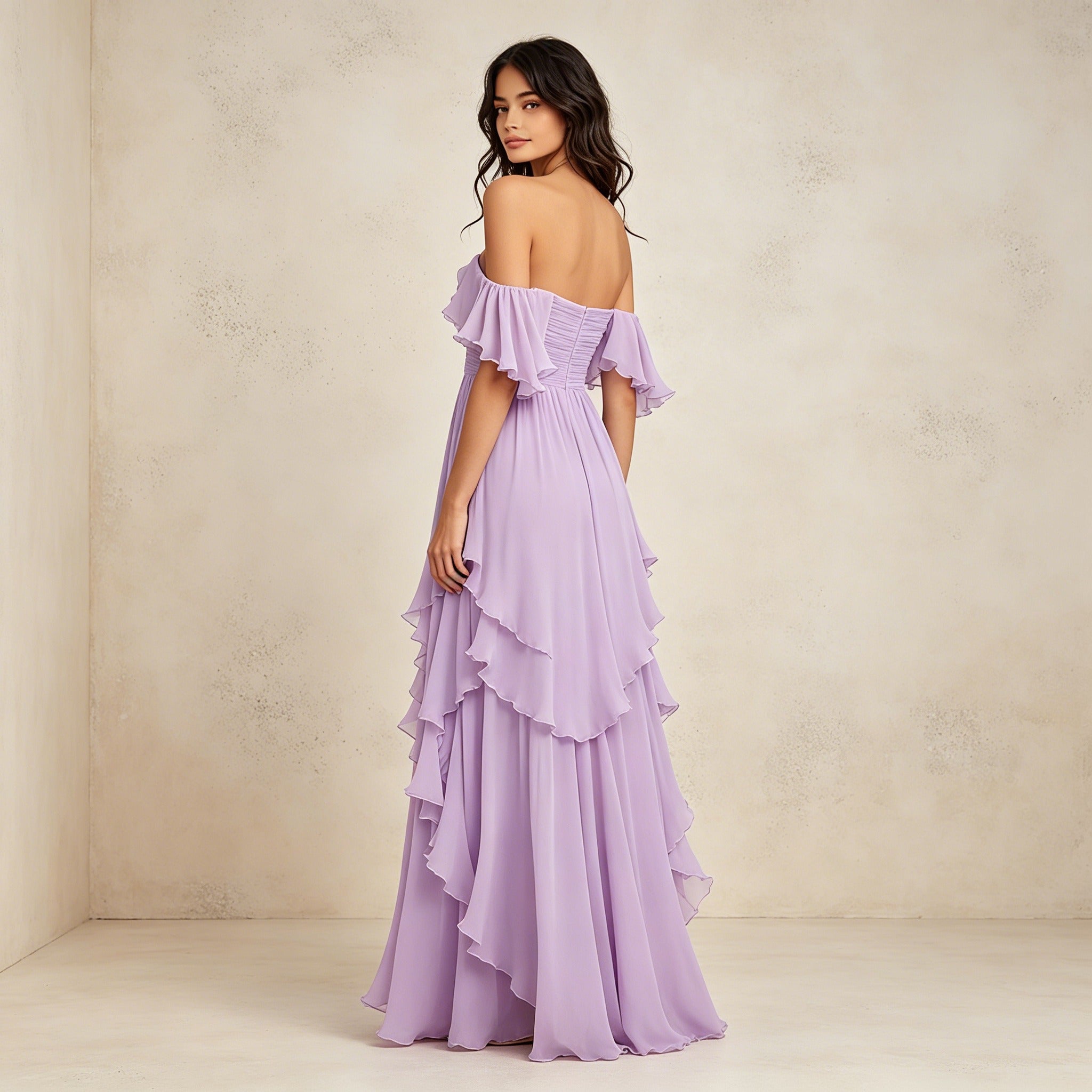 Lavendelfarbenes Off-Shoulder Abendkleid mit Volants – Elegante Chiffon-Robe