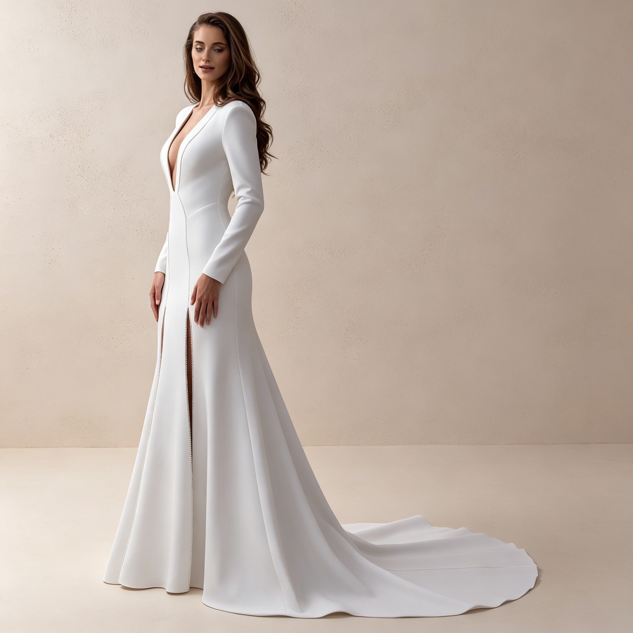 Abendkleid mit tiefem V-Ausschnitt – Langärmliges Maxikleid mit doppeltem Beinschlitz