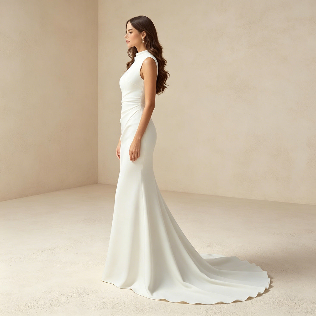 Elegantem Abendkleid mit Stehkragen – Ärmelloses Meerjungfrau-Kleid aus Satin