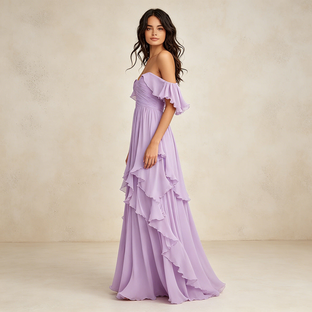 Lavendelfarbenes Off-Shoulder Abendkleid mit Volants – Elegante Chiffon-Robe