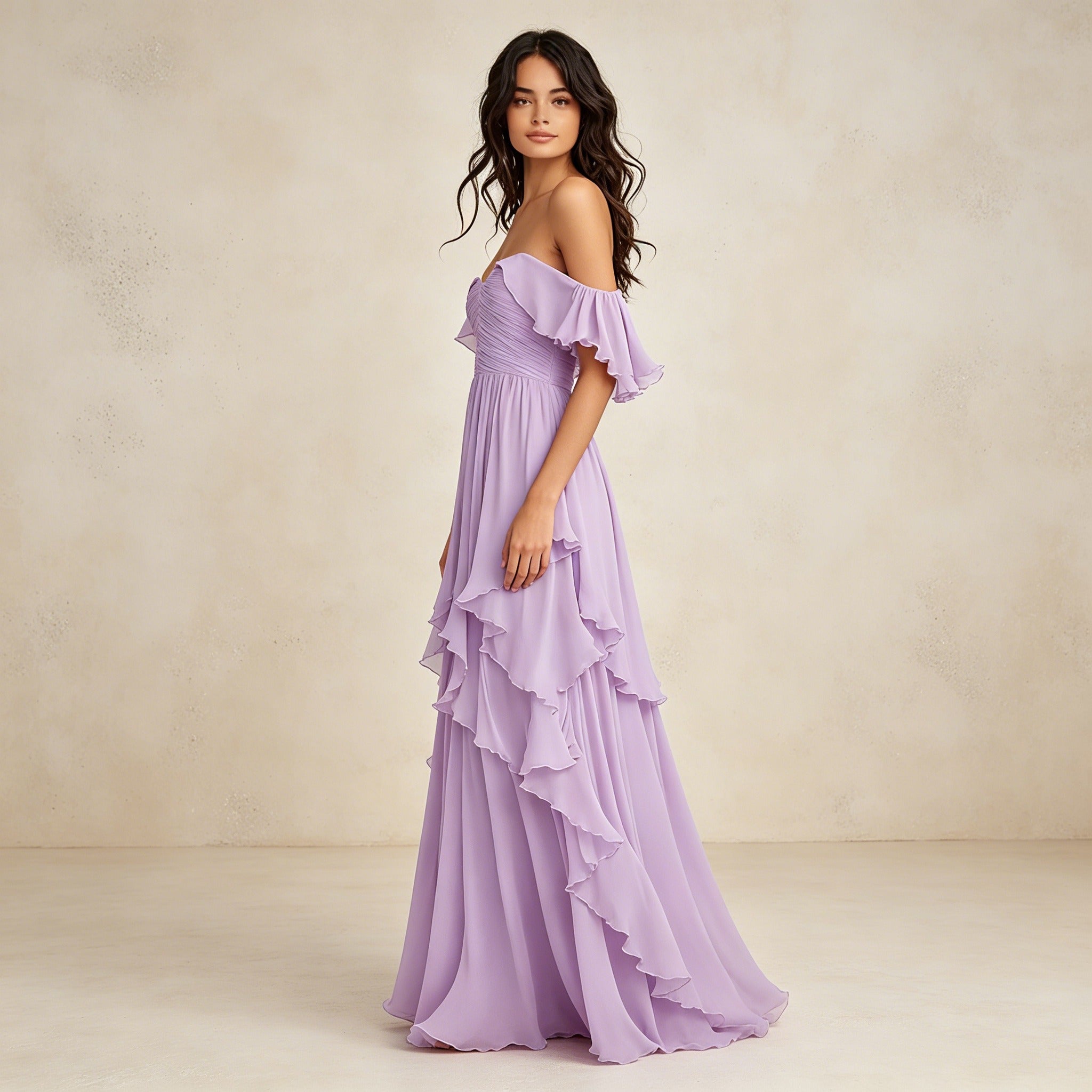 Lavendelfarbenes Off-Shoulder Abendkleid mit Volants – Elegante Chiffon-Robe