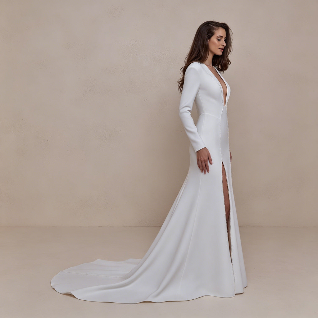 Abendkleid mit tiefem V-Ausschnitt – Langärmliges Maxikleid mit doppeltem Beinschlitz