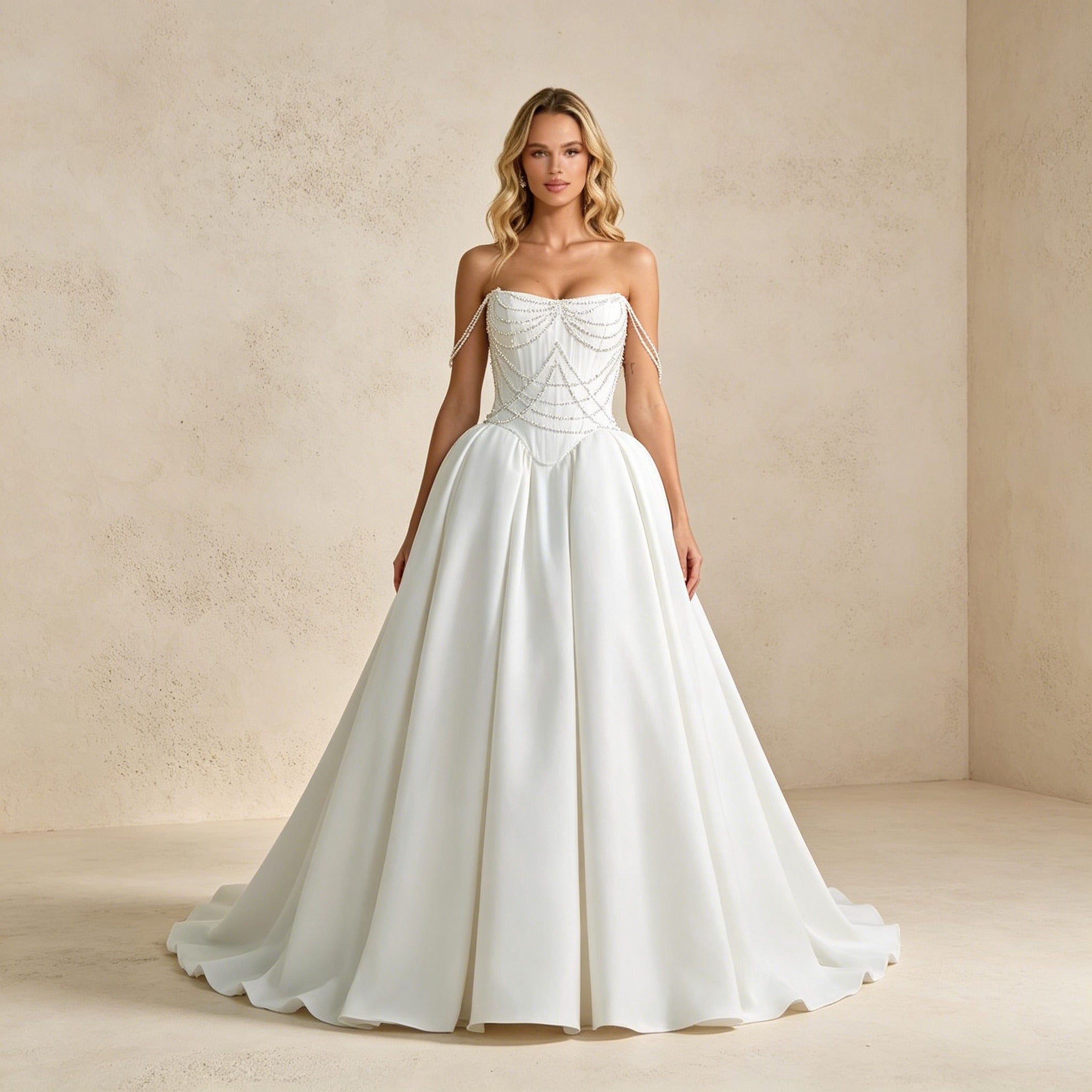 Trägerloses Satin-Abendkleid mit Perlenkaskaden – Bodenlanges Korsagen-Ballkleid