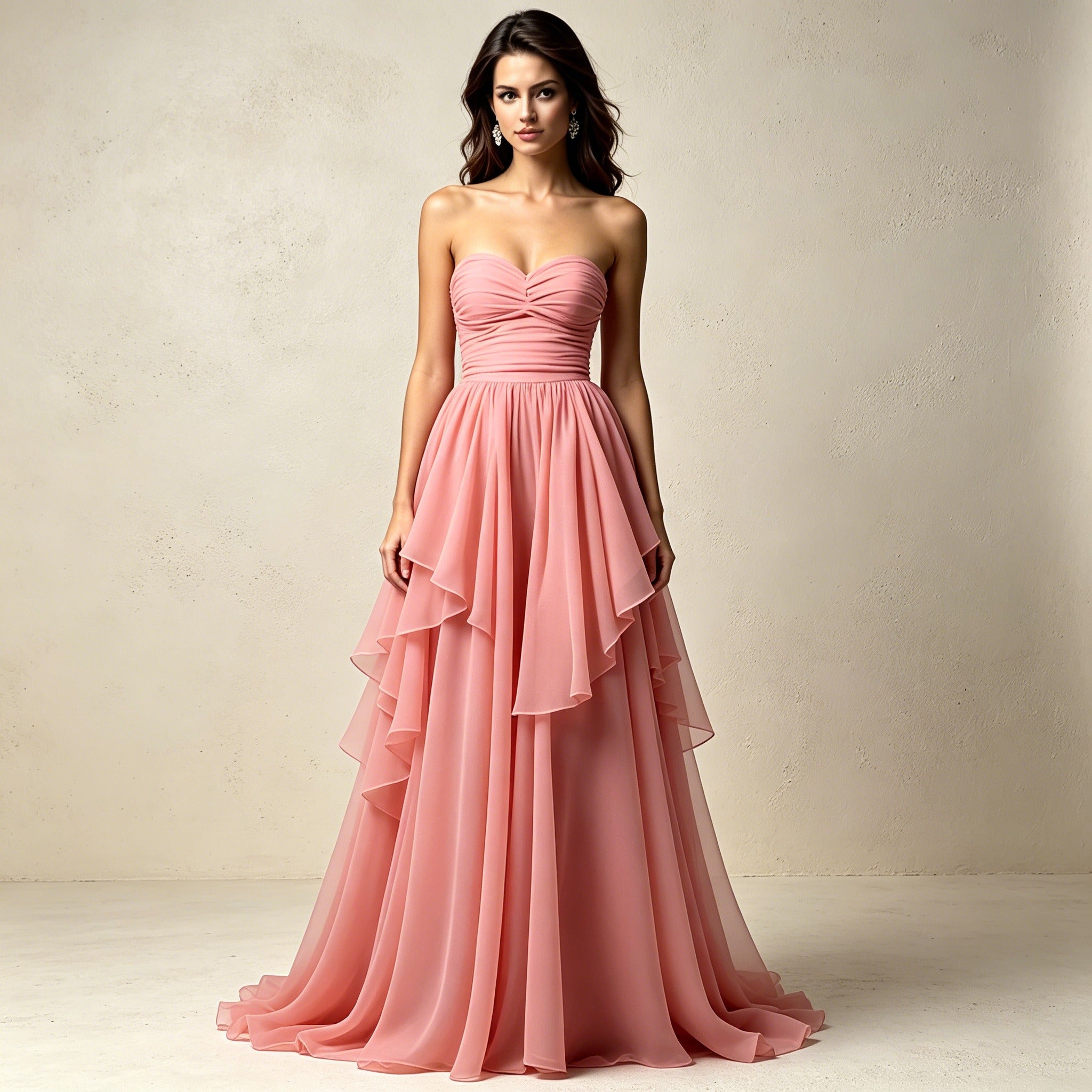 Altrosafarbene Trägerlose Abendrobe mit Volants – Elegantes Chiffonkleid