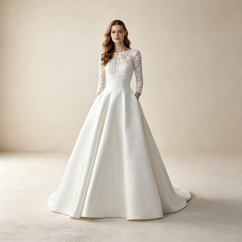 Elegantes Maxikleid mit Spitzen-Oberteil in Weiß – Langärmliges Abendkleid aus Satin