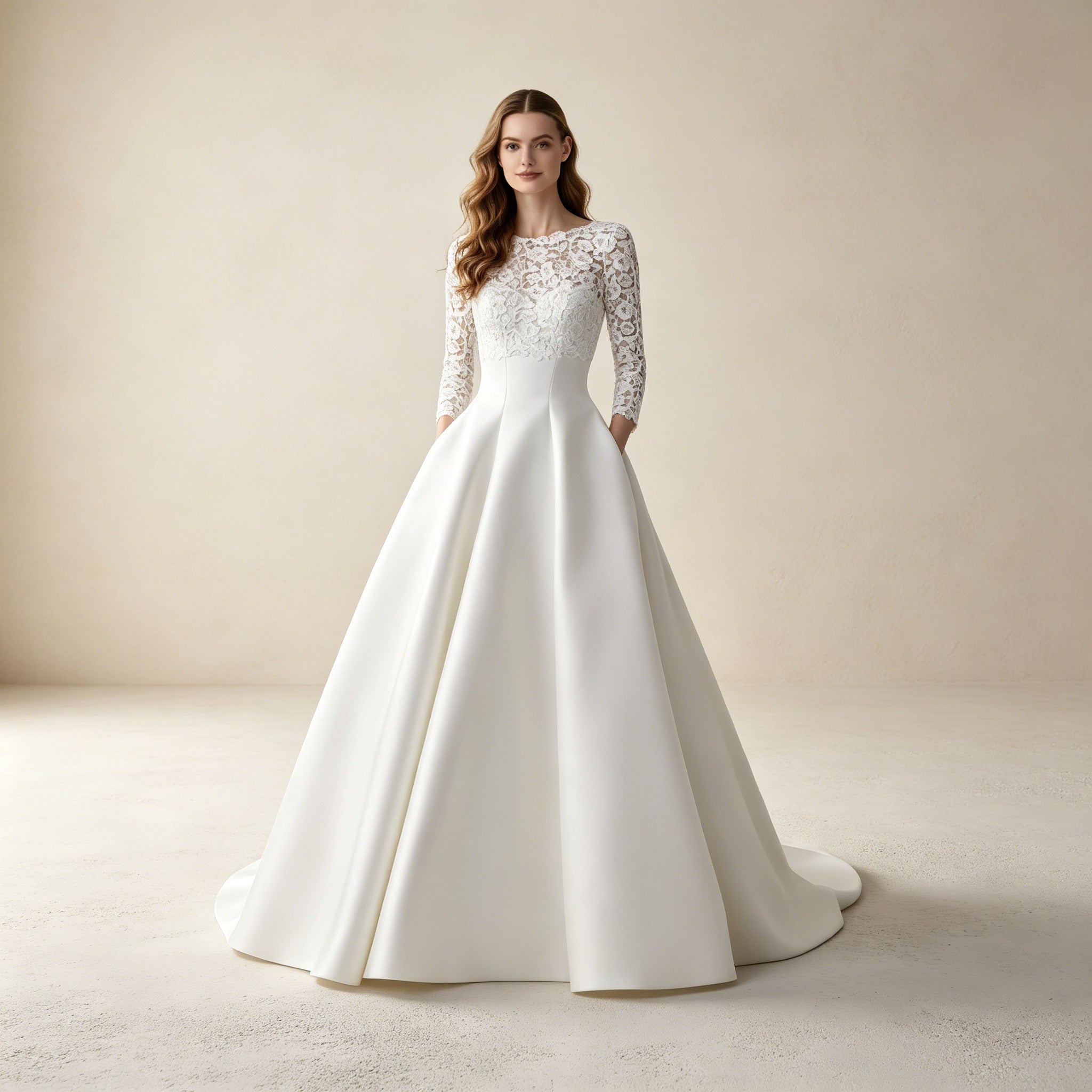 Elegantes Maxikleid mit Spitzen-Oberteil in Weiß – Langärmliges Abendkleid aus Satin