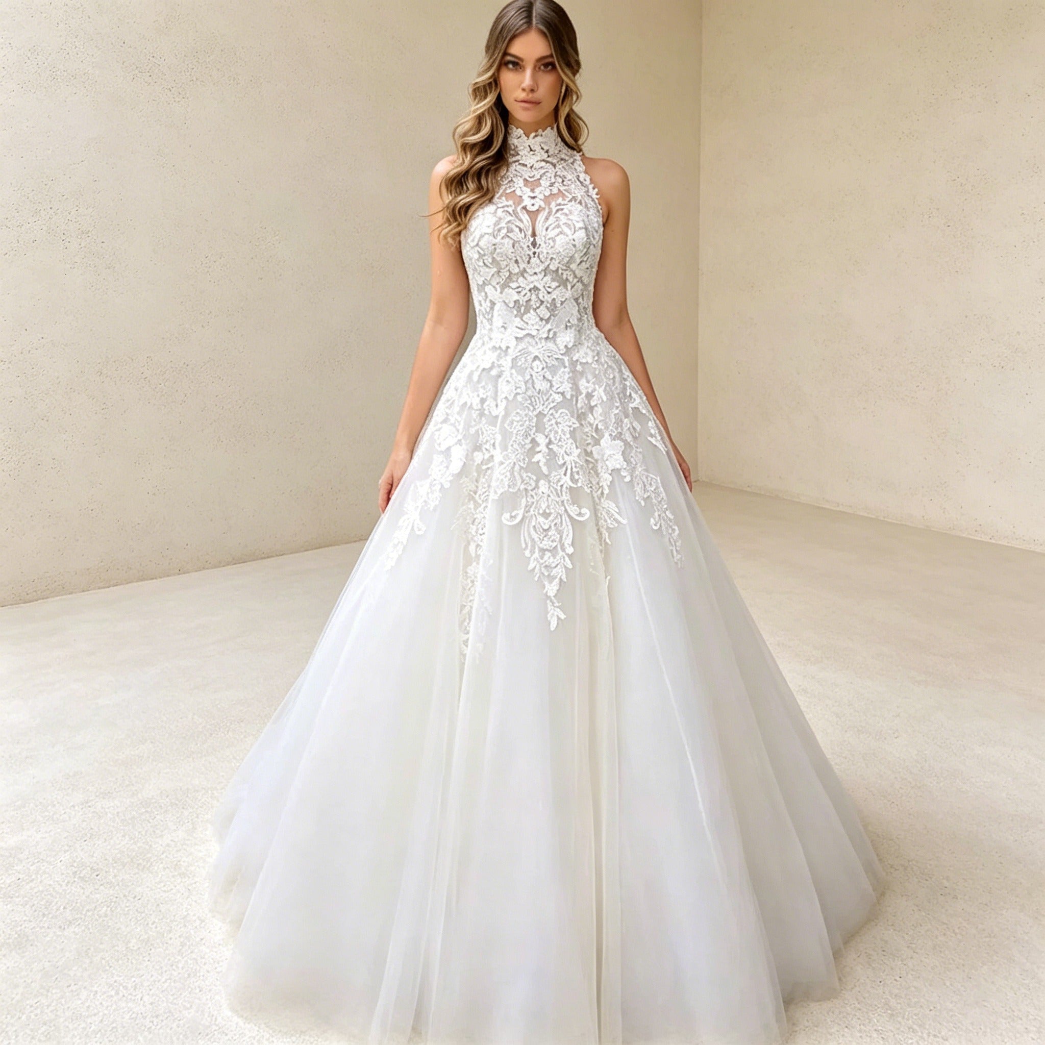 Elegantes A-Linien Abendkleid mit Neckholder-Stehkragen und Spitze
