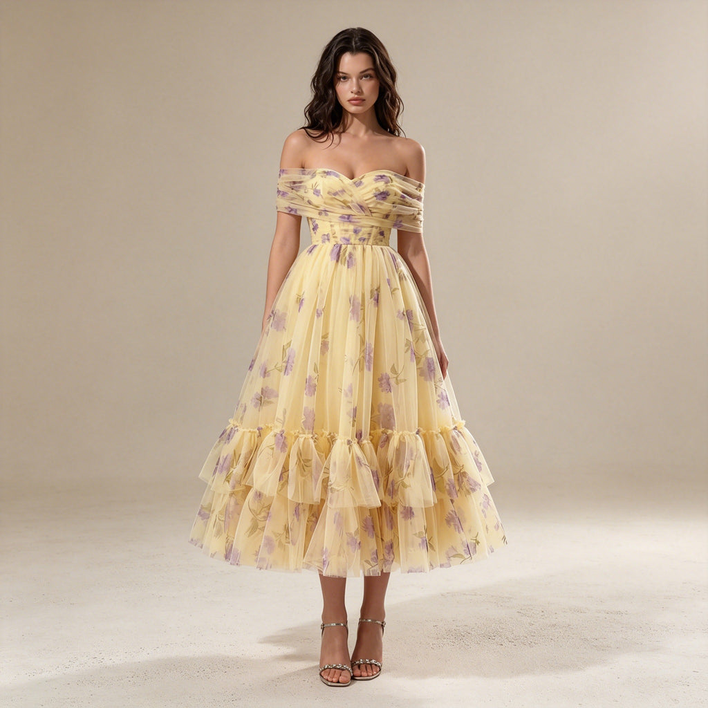 Festliches Tüllkleid in Gelb mit floralem Muster und Off-Shoulder-Schnitt