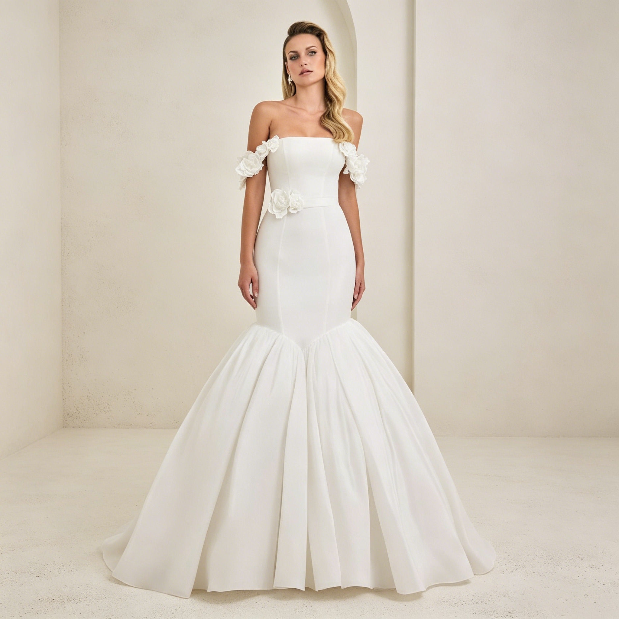Off-Shoulder Satin-Abendkleid mit Drapierung – Elegantes Maxikleid mit Schleppe