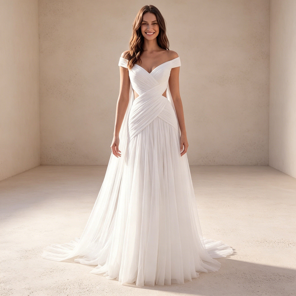 Off-Shoulder Abendkleid mit Cut-Outs – Elegantes Chiffon Maxikleid in Weiß