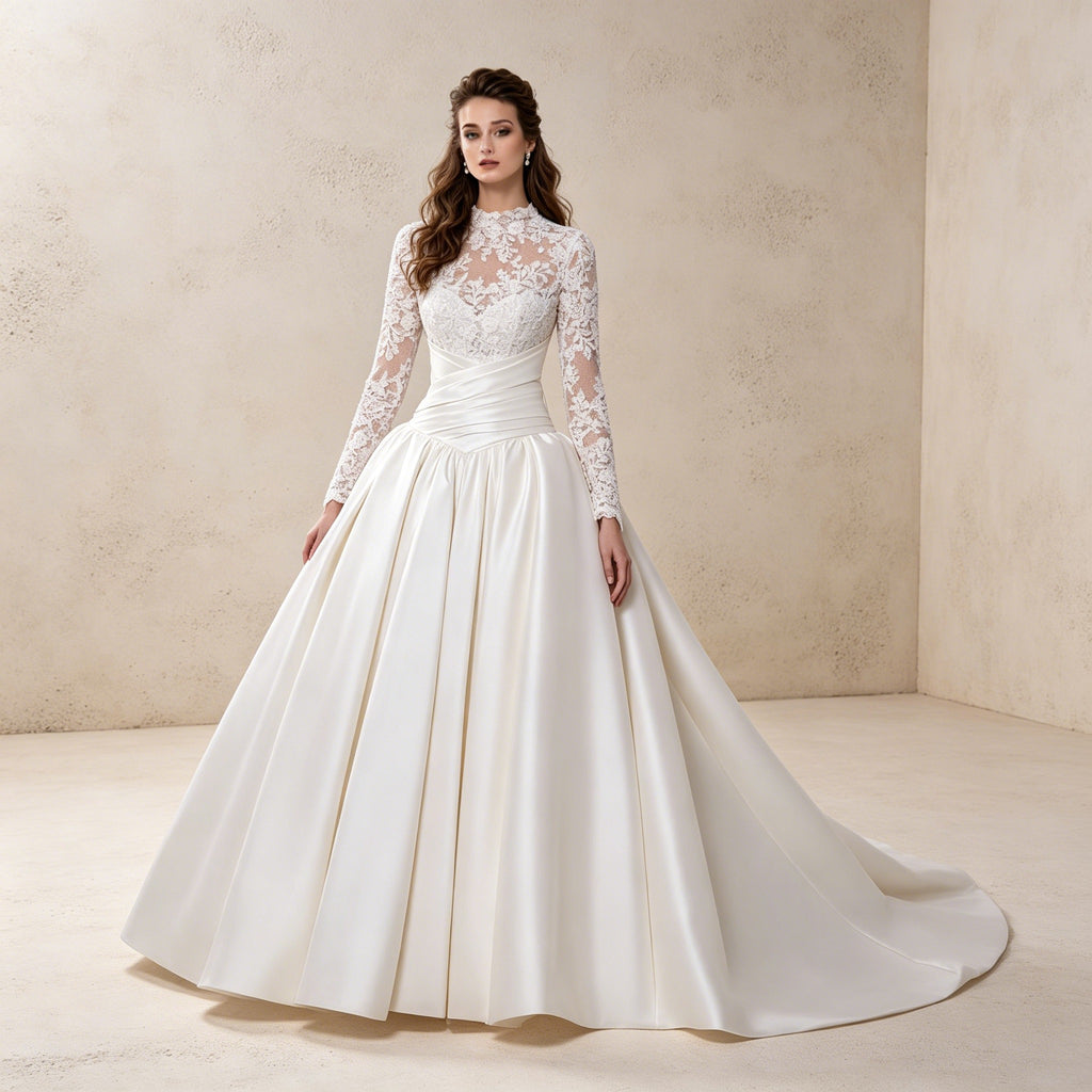 Festliches Ballkleid mit Spitzen-Langarm und Satinkl Kleid – Elegantes Abendkleid mit Schleppe