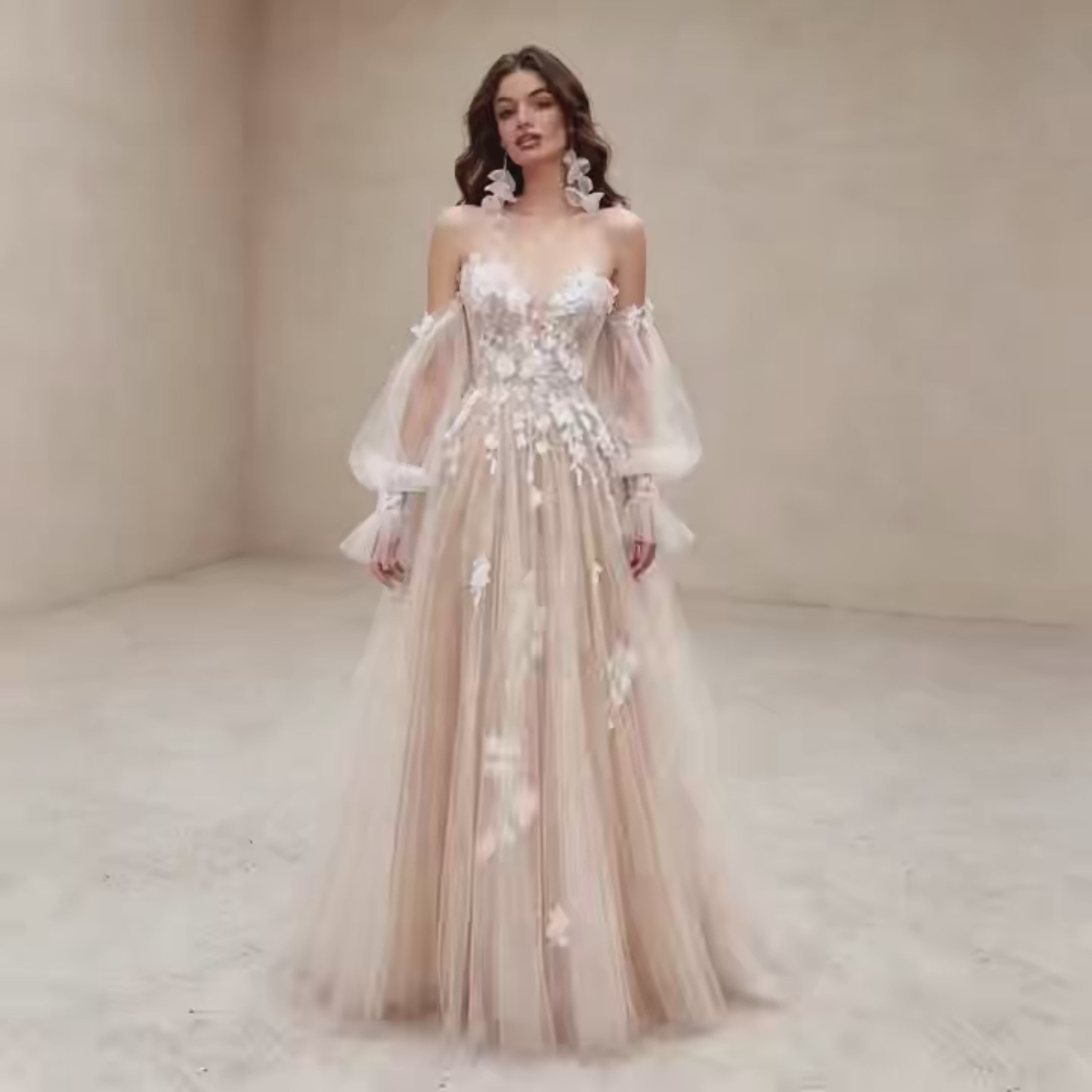 Elegant Off-Shoulder Abendkleid mit 3D-Blumen und Puffärmeln aus Tüll